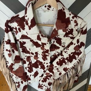 Cow print fringe jacket